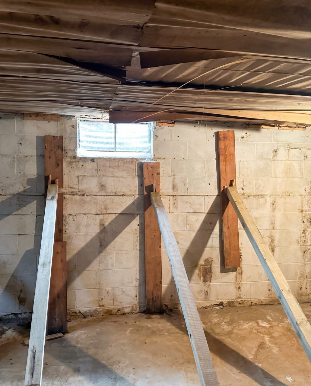 A basement foundation wall shored with timber, Frederick, MD