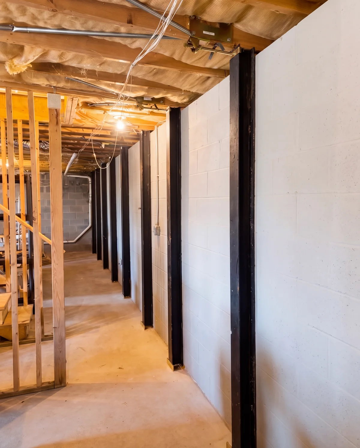 The finished basement wall, braced and reinforced, Frederick, MD
